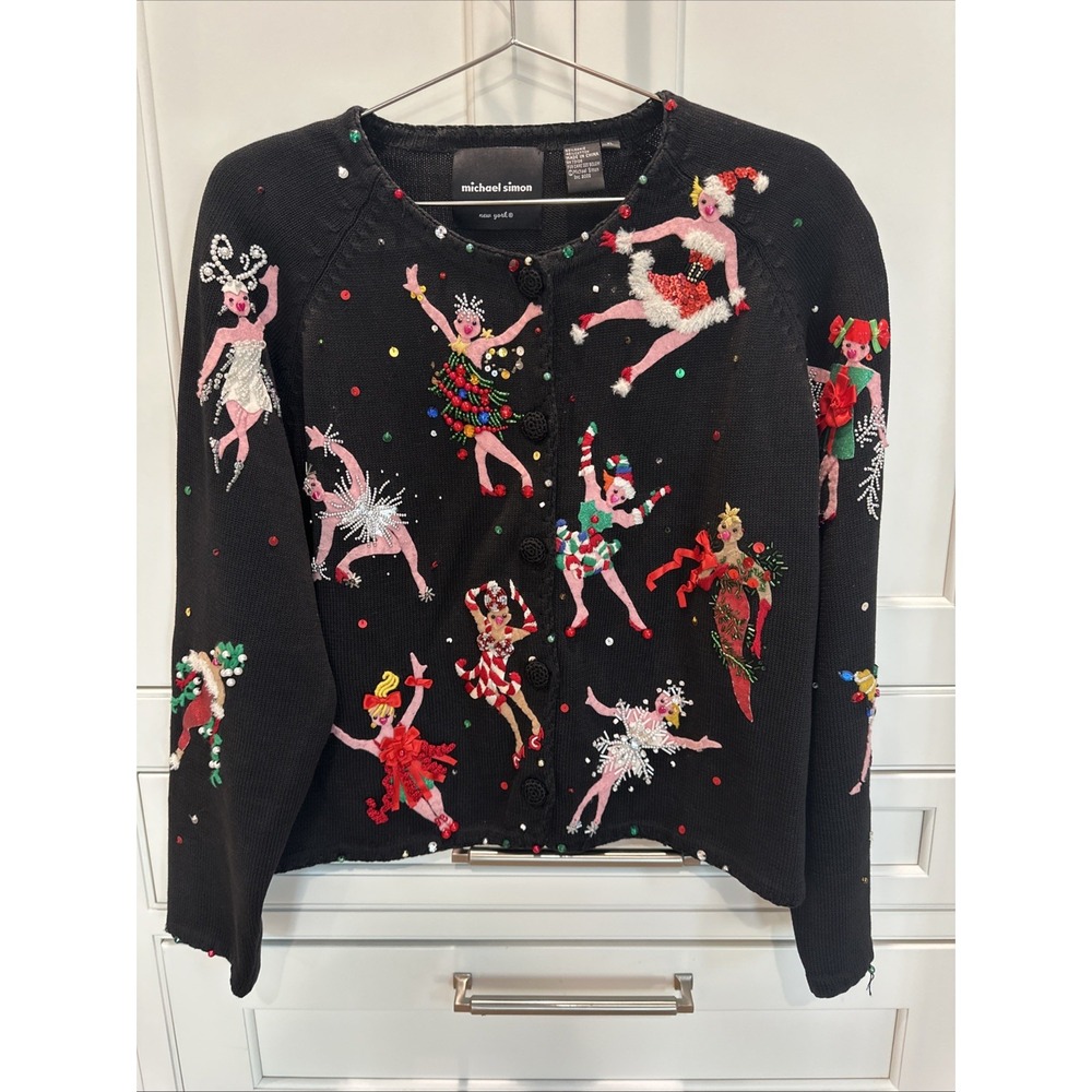 VTG Michael Simon Christmas Cardigan Beaded Holiday Novelty Sweater Dance Sz XL